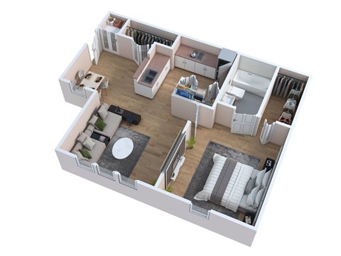 Floor plan for 1 bed, 1 bath, 648 sqft